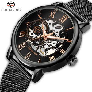 Forsing Men Horloges Mode 3D Graveren Gouden Horloge Heren Roestvrijstalen Mechanische Kijk Skelet Mannelijke Klok 210517