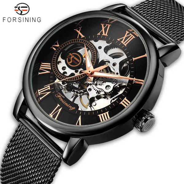 Forsining Hombres Relojes Moda 3D Grabado Reloj de oro Reloj mecánico de acero inoxidable para hombres Reloj masculino esqueleto 210517