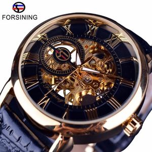 Forsining Hombres Relojes de Primeras Marcas de Lujo Reloj Esqueleto Mecánico Negro Dorado 3d Diseño Literal Número Romano Reloj con Dial Negro J1902499
