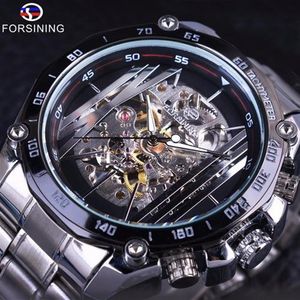 Forsining Militaire Sport Design Transparent Squelette Cadran Argent En Acier Inoxydable Hommes Montres Top Marque De Luxe Automatique Montres262n