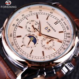 Forsining Moon Phase Shanghai Movimiento Caja de oro rosa Correa de cuero genuino marrón Relojes para hombre Relojes de primeras marcas de lujo Auotmatic Wa243w