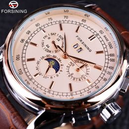 Forsining Moon Phase Shanghai Mouvement Boîtier en or rose Bracelet en cuir véritable marron Montres pour hommes Montre automatique de luxe de marque supérieure Wa205B