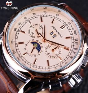 Forsiner Moon Phase Shanghai Movement Rose Gold Case Brown Le cuir brun Men Watch Top Brand Luxury Automatic Self Wind Watch6051418