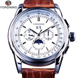 Forsining Moonphase Calendar Display de cuero marrón Shanghai Movimiento automático Relojes para hombres Top Brand Luxury Mechanical Watches 325i