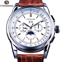 Forsining Calendario de fase lunar Pantalla de cuero marrón ShangHai Movimiento automático Relojes para hombre Relojes mecánicos de lujo de primeras marcas 309v