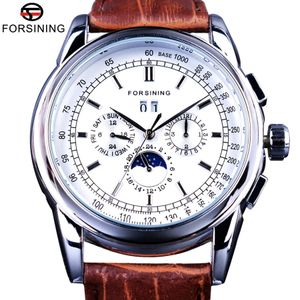 Forsiner Moon Phase Calendar Afficher en cuir marron Shanghai Mouvement automatique Hommes HETES TOP BRAND MONTRATIONS MÉCANIQUES DE LUXE 316D