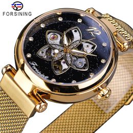 Forsining Nieuwe Collectie Mehanical Womens Horloge Topmerk Luxe Diamond Gold Mesh Waterdicht Vrouwelijke Klok Mode Dames Watches258B