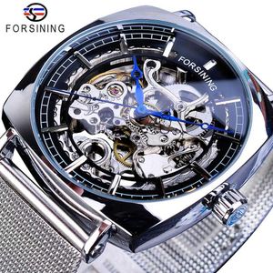 Forsining Nueva moda Reloj mecánico para hombres Cuadrado Esqueleto automático Analógico Plata Malla delgada Reloj de banda de acero Relojes Hombre Q0902
