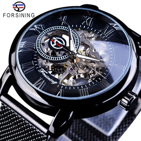 Forsining Rétro Design De Mode Squelette Sport Montre Mécanique Mains Lumineuse Bracelet En Maille Transparente Pour Hommes Top Marque De Luxe J308A