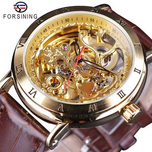 Forsining Retro número romano cuero marrón flor real mecánico esqueleto transparente hombres relojes automáticos marca superior Luxury290f