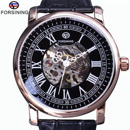 FORSINING RETRO -serie Roman Skeleton Display Black Dial Mechanical Clock Rose Golden Case Mens Automatic Watch Top Brand Luxury2268