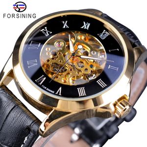 Forsining affichage du numéro romain mouvement doré travail ouvert rétro classique hommes montre haut marque de luxe automatique squelette montre-bracelet268p