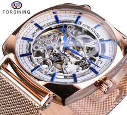 Forsining Rose Gold Mechanical Men Wristwatch Creative Square Transparent Business Mesh Mesh Mesh Band Sports Automatic Watches Gift3270264443