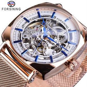 Forining Rose Gold Mechanical Men PolsWatch Creative Square Transparant Business Steel Mesh Band Sport Automatic Watches Gift261D