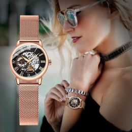 Reloj mecánico Forsining con esqueleto de oro rosa para mujer, manecillas luminosas a la moda, relojes elegantes de lujo para mujer, correa de malla de acero 240119