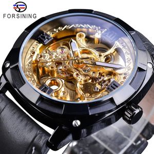 Forsining Royal noir doré horloge boîtier transparent mode noir bracelet en cuir véritable aiguilles lumineuses montres automatiques pour hommes 290L