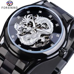 Forsining Silver Dragon Skeleton Automatische Mechanische Horloges Kristal Roestvrij Stalen Band Polshorloge Heren Klok Waterproo262d