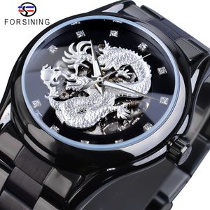 Forsining Silver Dragon Skeleton Automatische Mechanische Horloges Crystal Rvs Strap Polshorloge Herenklok Waterdicht