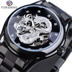 Forsiner Silver Dragon Skeleton Automatic Mething Watchs Crystal Swcap en acier inoxydable Montre Men Horloge WaterProo283o