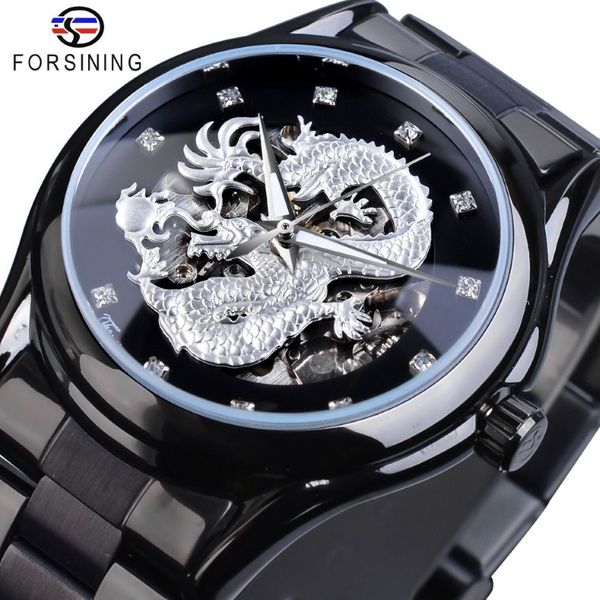 Estudiante de Silver Dragon Skeleton Automático Relojes Mecánicos Cristal Correa de acero inoxidable Muñeca Muñeca Waterproo225d