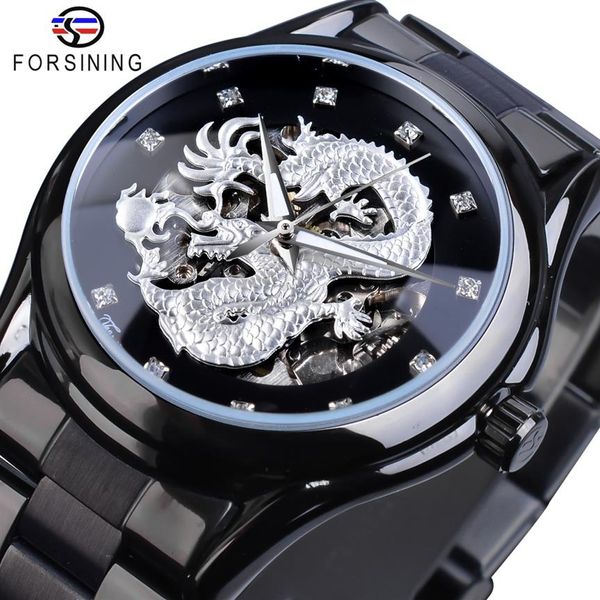 Forsining Silver Dragon Skeleton Relojes mecánicos automáticos Cristal Correa de acero inoxidable Reloj de pulsera Reloj para hombre Waterproo337K