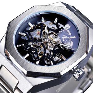 Forsing Silver Mens Horloges Topmerk Luxe Automatische Mechanische Roestvrij Blauwe Mode Skelet Waterdichte Business Clock Q0902