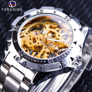 Forsining – montre-bracelet mécanique pour hommes, boîtier d'engrenage en acier inoxydable argenté, aiguilles lumineuses, squelette doré, marque de luxe