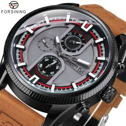 Forining Sports Mechanische horloges DATUM Toon kleine wijzerplaten Luminous Hands Militaire automatische mannen kijken echt lederen band