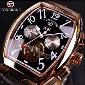 Forsining Square Diseño mecánico Caja de oro rosa Esfera blanca Correa de cuero marrón Relojes para hombre Relojes automáticos de lujo de primeras marcas 2067