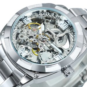 Forsining Vierkante Skeleton Mechanische Horloges Luxe Gegraveerde Beweging Retro Automatisch Horloge voor Mannen Stalen Band Lichtgevende Wijzers 240123