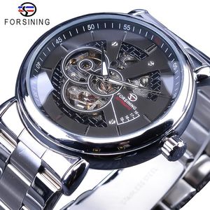 Verfansen Steampunk Black Silver Mechanische horloges voor mannen Silver roestvrijstalen Luminous Hands Design Sport Clock Male294s