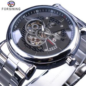 Forsining Steampunk noir argent montres mécaniques pour hommes argent acier inoxydable aiguilles lumineuses Design Sport horloge Male235R
