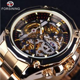 Forsining Steampunk Gear Design Caja transparente Reloj automático Esqueleto de acero inoxidable dorado Reloj de lujo para hombres Marcas superiores de lujo W2911