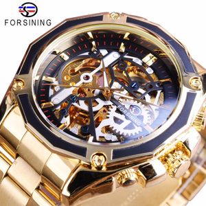 Forsining Steampunk Gear Design boîtier Transparent montre automatique or acier inoxydable squelette luxe hommes montre Top marque Luxury215R