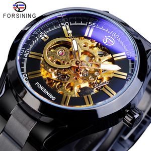 Forsining Steampunk Montre Mécanique Hommes Automatique Squelette Noir En Acier Inoxydable Ceintures Affaires Homme Montres Reloj Hombre307r