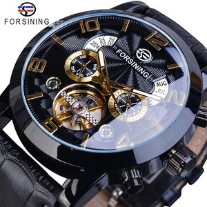 Forsining Tourbillion Fashion Wave Zwart Gouden Klok Multifunctionele Display Heren Automatische Mechanische Horloges Topmerk Luxe T2196b