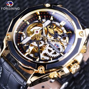 Forsining Transparante Kast Tandwielbeweging Steampunk Mannen Automatisch Skeleton Horloge Topmerk Open Werk Ontwerp Zelfopwindend209J