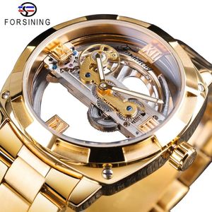 Reloj mecánico Forsining transparente dorado para hombre Steampunk esqueleto engranaje automático autoviento banda de acero inoxidable reloj Montre297p