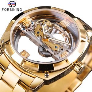 Forsining Montre mécanique dorée transparente pour hommes squelette Steampunk engrenage automatique auto-vent bracelet en acier inoxydable horloge Montre225Z