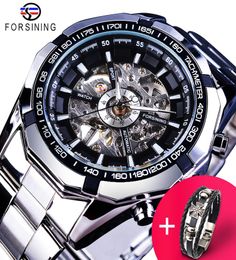 Foresining horloge armband set combinatie zilveren roestvrij staal Men039s skelet transparante mechanische mannelijke pols horloges CL3009594