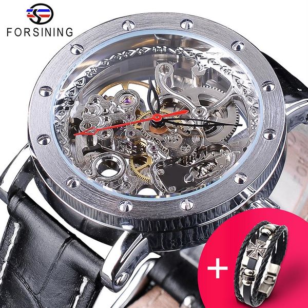 Reloj Forsining conjunto de pulsera combinación esqueleto plateado mano roja negro cuero genuino relojes automáticos hombres reloj transparente 325R