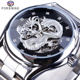 ForsiNing Watch Classic Dragon Design Silver en acier inoxydable Affichage Diamond Men Automatique Montres de poignet Top Brand Luxury Montre Homme 326G