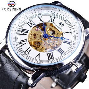 Forsining horloge Klassiek Royal Design Romeins nummer Zwart lederen riem Golden Gear Movement Heren mechanisch horloge Topmerk Luxe C277R