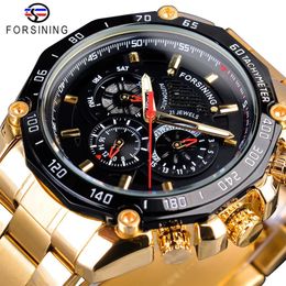 Reloj Forsining de acero inoxidable dorado con diseño de tres esferas para hombre, relojes de pulsera automáticos deportivos de carreras, relojes de marca superior de lujo Relogio Mechan247Q