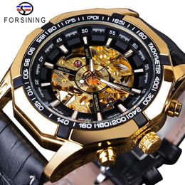 Forsining, reloj esqueleto negro dorado resistente al agua, decoración de dos botones, relojes de pulsera mecánicos para hombres, cuero genuino negro 266U