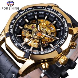 Forsining étanche doré noir squelette horloge deux boutons décoration mécanique montres pour hommes noir véritable cuir 230c