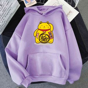 Fortune Cat Kawaii Sweats à capuche surdimensionnés imprimés pour adolescents esthétiques à manches longues Streetwear Automne Hiver Mode Pull Rose Y0820