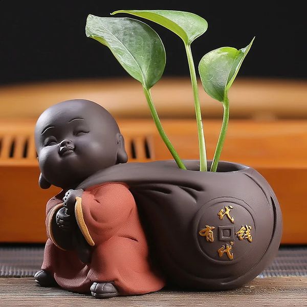 Fortune Lucky Cute The Little Monk té de arcilla púrpura decoración del hogar para mascotas Mini florero para plantar agua 240119