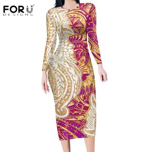 FORUDESIGNS Stijl Lange Mouwen Bodycon Slanke Sexy Jurk Voor Vrouwen Hawaii Polynesische Stam Patroon Ontwerp Party Zachte Vestidos 220704