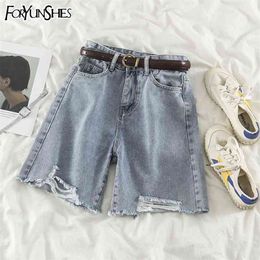 Foryunshe Denim Shorts Ripped Jeans Hoge Taille Gaten Burr Vintage Casual Rechte korte broek Zomer Korean 210629